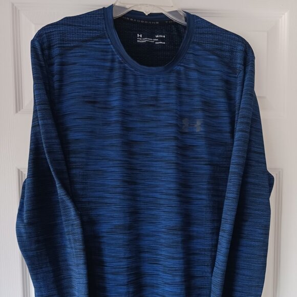 Under Armour Mens Pullover Long Sleeve Running Shirt Fitted Blue Black Size Lg - Picture 2 of 9